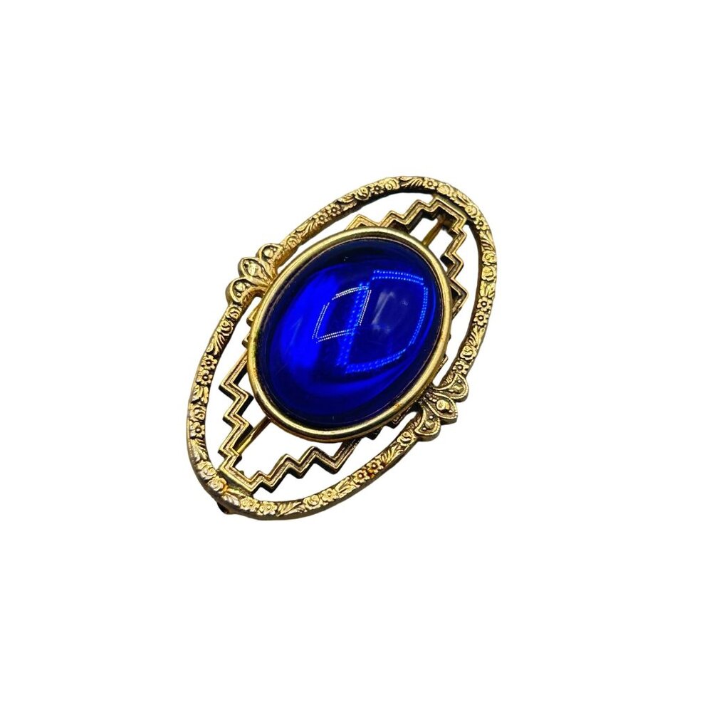 Art Deco Design Blue Cabochon Pin Brooch Gold Tone Geometric Elegant Design